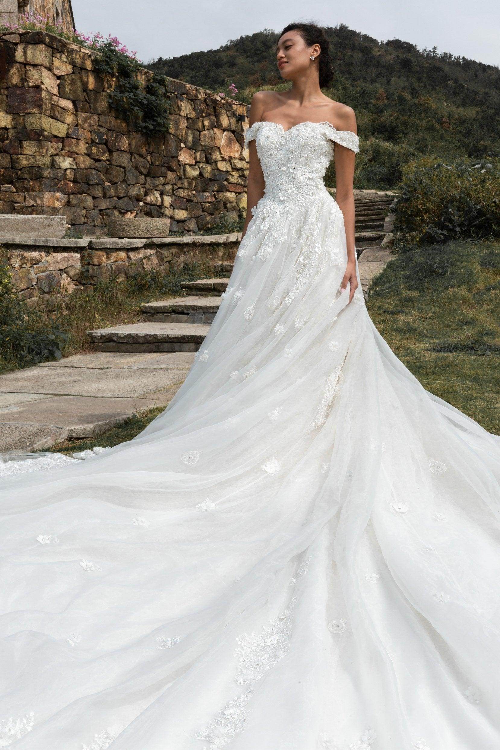 Princess Cathedral Train Tulle and Lace Wedding Dress LD4349 - COCOMELODY